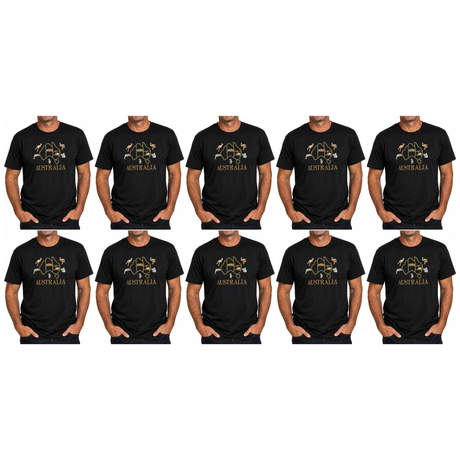 10x Adult Australia Map, Icons & Animals T-Shirt Bulk Pack - Black (100% Cotton Souvenir Gift Tee Top)
