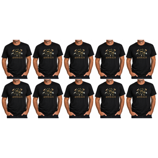 10x Adult Australia Map, Icons & Animals T-Shirt Bulk Pack - Black (100% Cotton Souvenir Gift Tee Top)