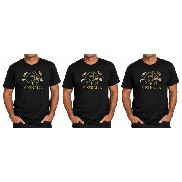 3x Adult Australia Map, Icons & Animals T-Shirt Pack - Black (100% Cotton Souvenir Gift Tee Top)