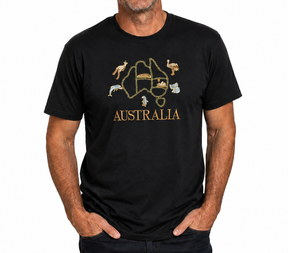 Adult Australia Map, Icons & Animals T-Shirt - Black (100% Cotton Souvenir Gift Tee Top)