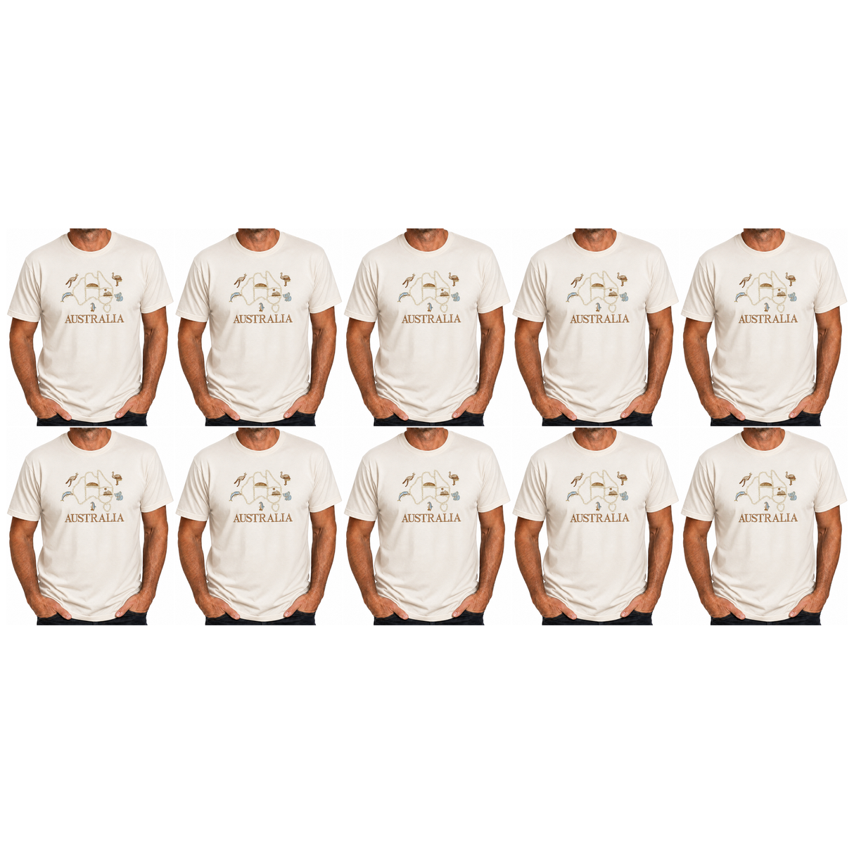 10x Adult Australia Map, Icons & Animals T-Shirt Bulk Pack - Cream (100% Cotton Souvenir Gift Tee Top)