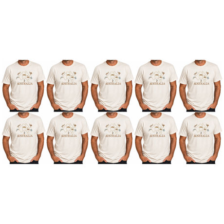 10x Adult Australia Map, Icons & Animals T-Shirt Bulk Pack - Cream (100% Cotton Souvenir Gift Tee Top)