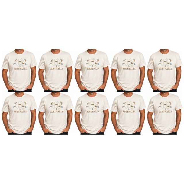 10x Adult Australia Map, Icons & Animals T-Shirt Bulk Pack - Cream (100% Cotton Souvenir Gift Tee Top)