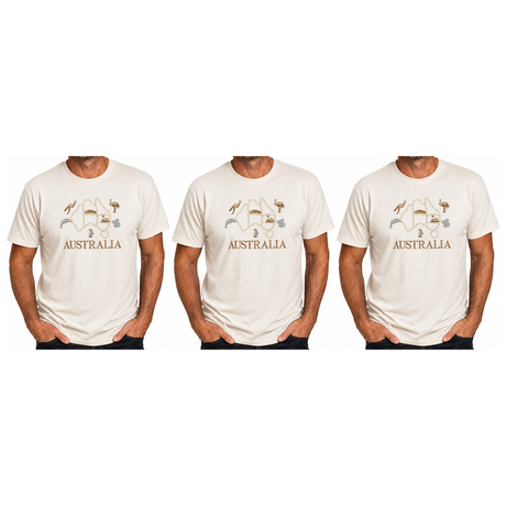 3x Adult Australia Map, Icons & Animals T-Shirt Pack - Cream (100% Cotton Souvenir Gift Tee Top)