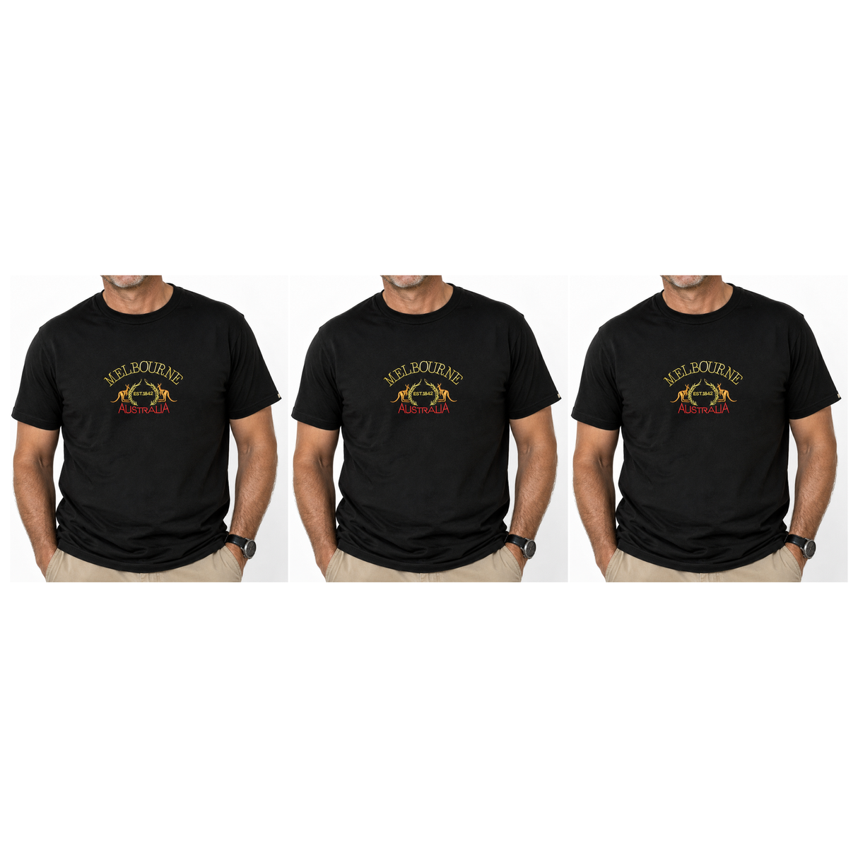 3x Adult Kangaroo Melbourne Australia T-Shirt Pack - Black (100% Cotton Souvenir Gift Tee Top)