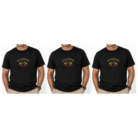 3x Adult Kangaroo Melbourne Australia T-Shirt Pack - Black (100% Cotton Souvenir Gift Tee Top)