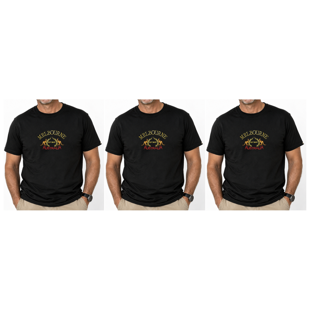 3x Adult Kangaroo Melbourne Australia T-Shirt Pack - Black (100% Cotton Souvenir Gift Tee Top)