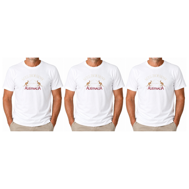 3x Adult Kangaroo Melbourne Australia T-Shirt Pack - White (100% Cotton Souvenir Gift Tee Top)