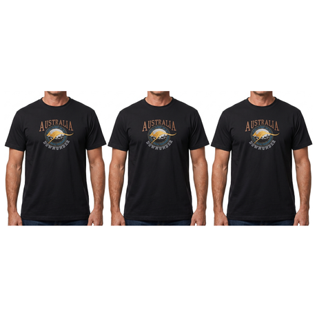 3x Adult Kangaroo Down Under Australia T-Shirt Pack - Black (100% Cotton Souvenir Gift Tee Top)