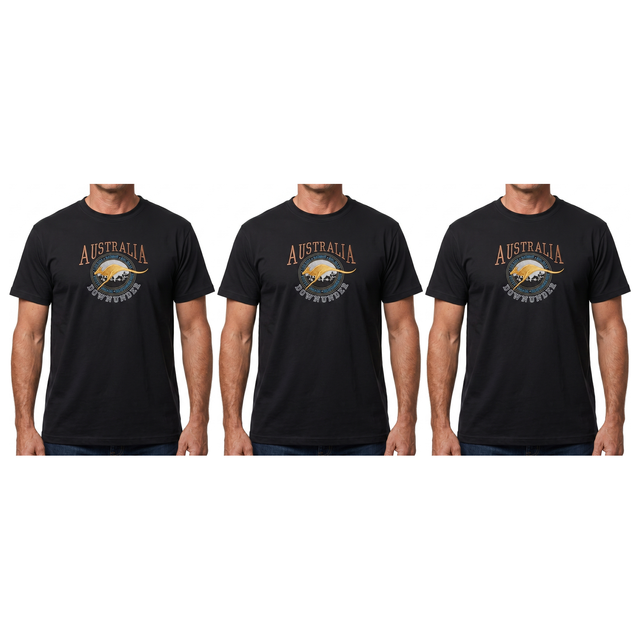 3x Adult Kangaroo Down Under Australia T-Shirt Pack - Black (100% Cotton Souvenir Gift Tee Top)