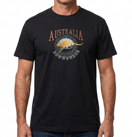 Adult Australia Souvenir Kangaroo T Shirt - Black (100% Cotton Australia Day Tee Top)