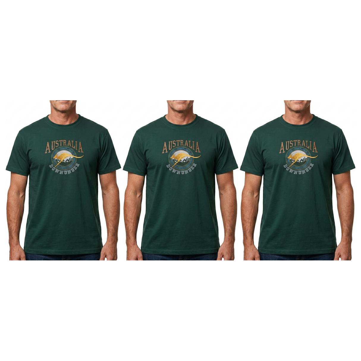 3x Adult Kangaroo Down Under Australia T-Shirt Pack - Bottle Green (100% Cotton Souvenir Gift Tee Top)