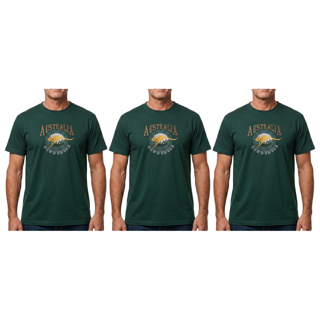 3x Adult Kangaroo Down Under Australia T-Shirt Pack - Bottle Green (100% Cotton Souvenir Gift Tee Top)