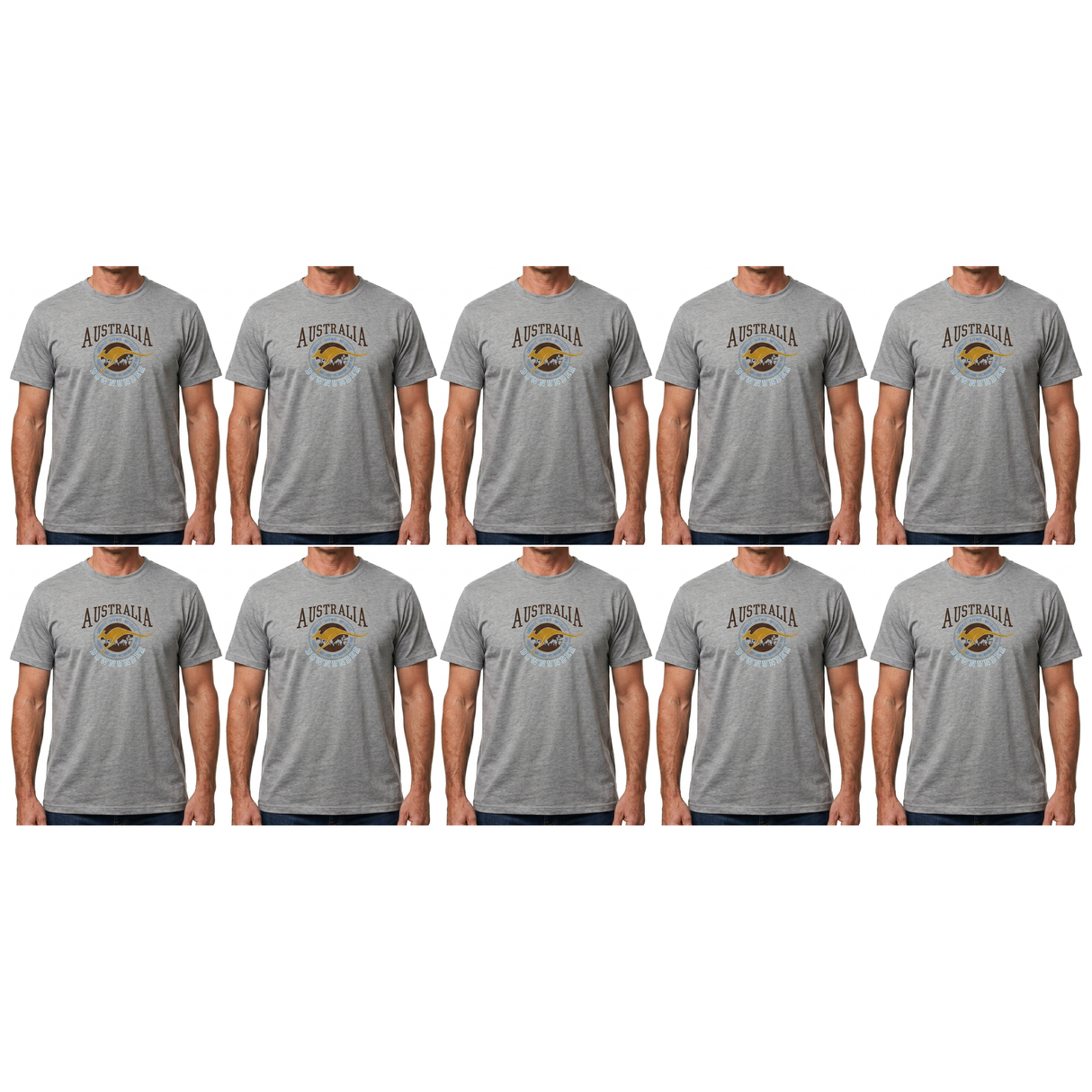 10x Adult Kangaroo Down Under Australia T-Shirt Bulk Pack - Grey (100% Cotton Souvenir Gift Tee Top)