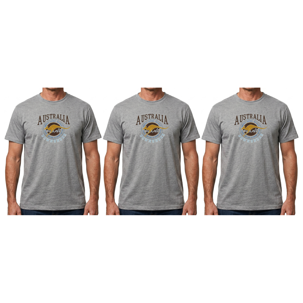 3x Adult Kangaroo Down Under Australia T-Shirt Pack - Grey (100% Cotton Souvenir Gift Tee Top)