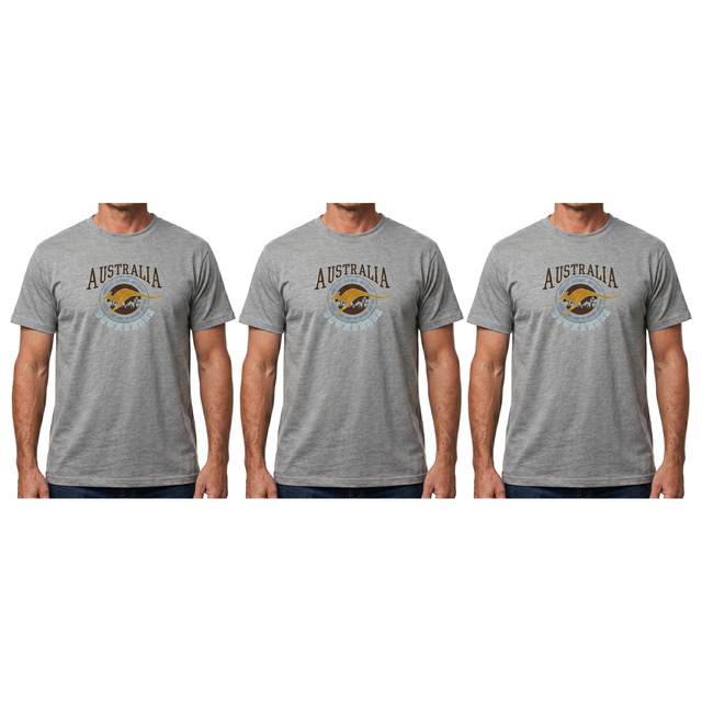 3x Adult Kangaroo Down Under Australia T-Shirt Pack - Grey (100% Cotton Souvenir Gift Tee Top)