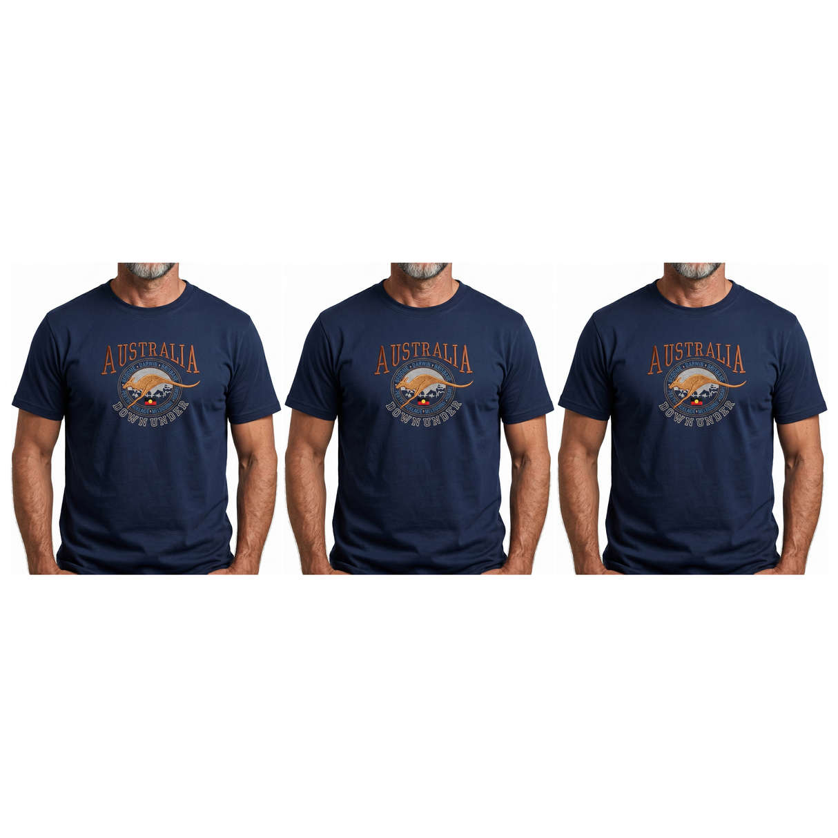 3x Adult Kangaroo Down Under Australia T-Shirt Pack - Navy Blue (100% Cotton Souvenir Gift Tee Top)