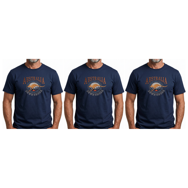 3x Adult Kangaroo Down Under Australia T-Shirt Pack - Navy Blue (100% Cotton Souvenir Gift Tee Top)