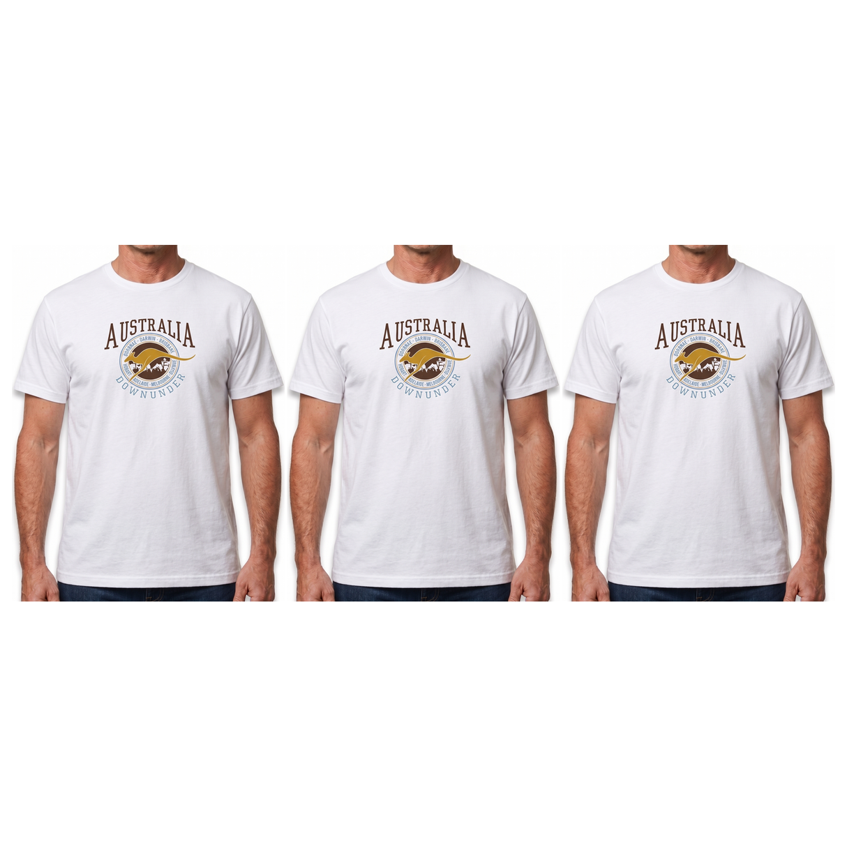 3x Adult Kangaroo Down Under Australia T-Shirt Pack - White (100% Cotton Souvenir Gift Tee Top)