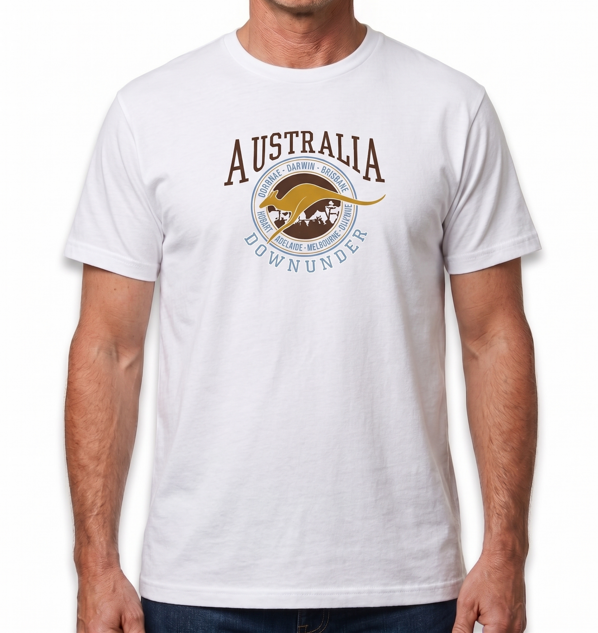 Adult Kangaroo Down Under Australia T-Shirt - White (100% Cotton Souvenir Gift Tee Top)