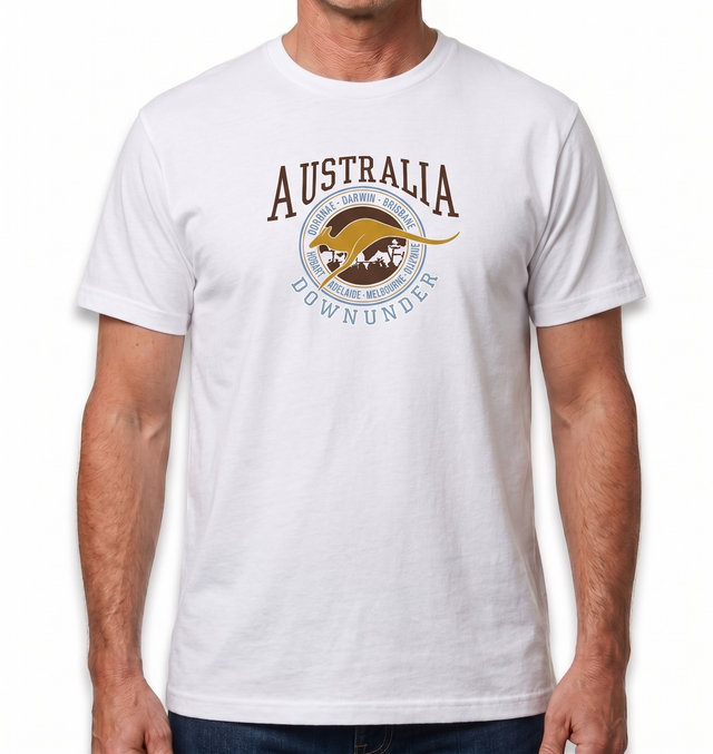 Adult Kangaroo Down Under Australia T-Shirt - White (100% Cotton Souvenir Gift Tee Top)