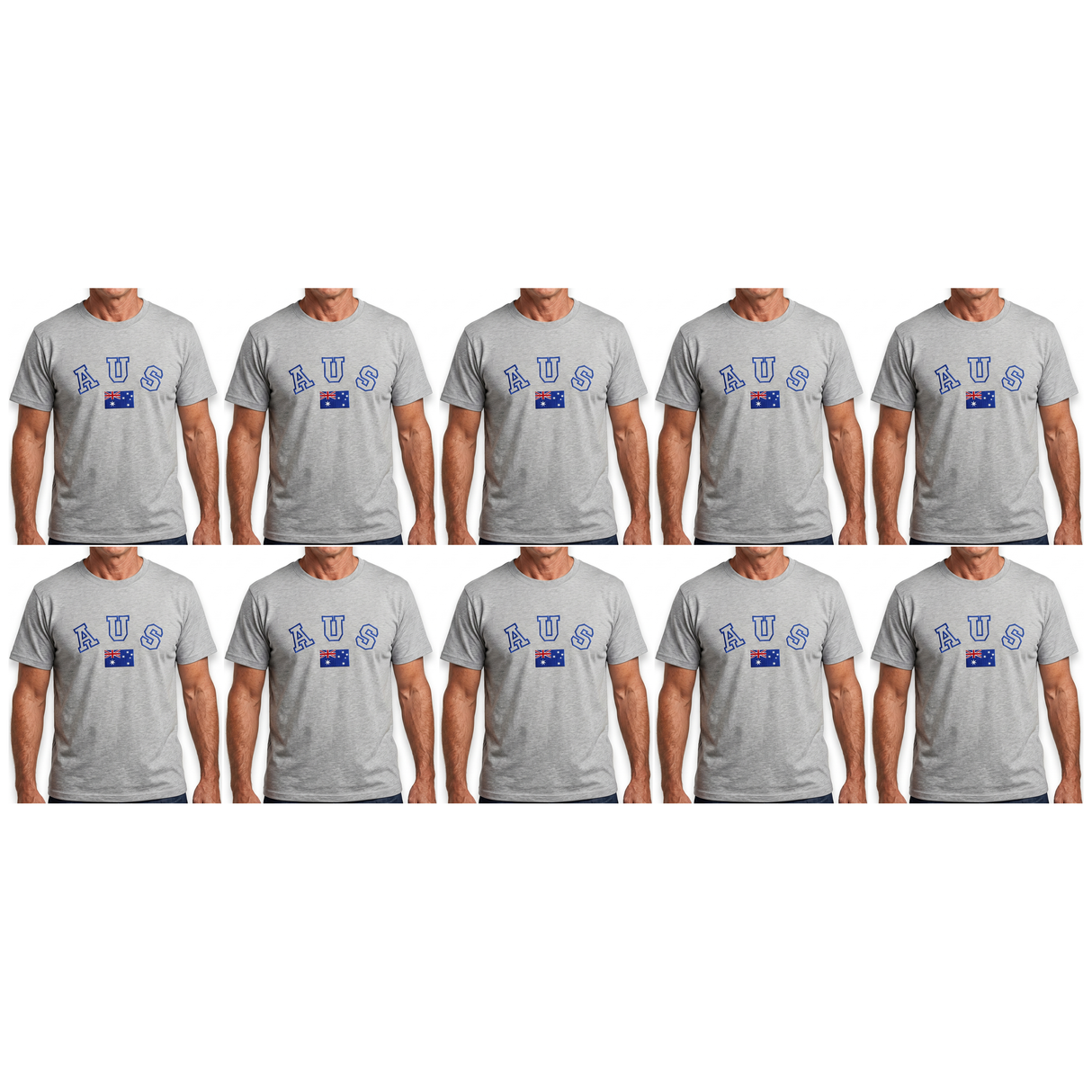 10x Adult Australian "AUS" Flag Souvenir T-Shirt Bulk Pack - Grey (Cotton Blend Tee Top)