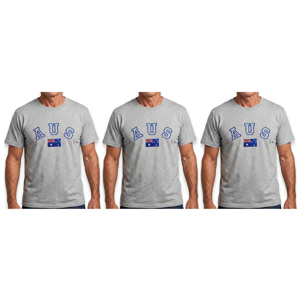 3x Adult Australian "AUS" Flag Souvenir T-Shirt Pack - Grey (Cotton Blend Tee Top)
