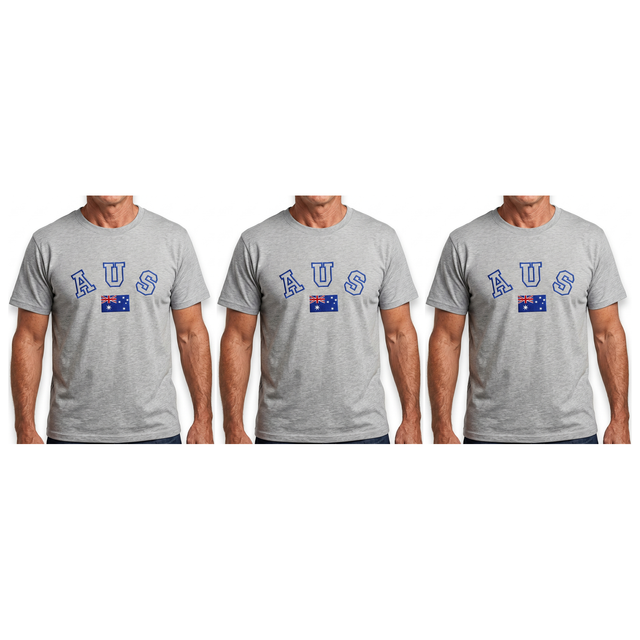 3x Adult Australian "AUS" Flag Souvenir T-Shirt Pack - Grey (Cotton Blend Tee Top)
