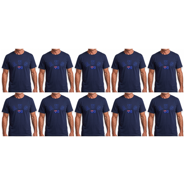 10x Adult Australian "AUS" Flag Souvenir T-Shirt Bulk Pack - Navy Blue (Cotton Blend Tee Top)