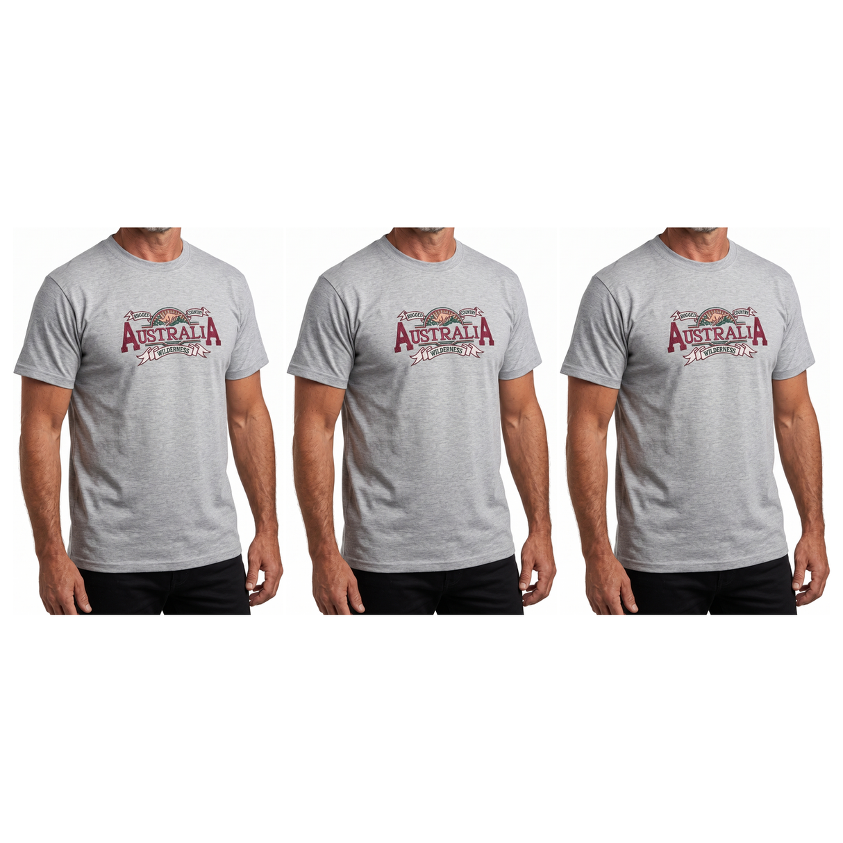 3x Adult Australian Wilderness Souvenir T Shirt Pack - Grey (100% Cotton Tee Top)