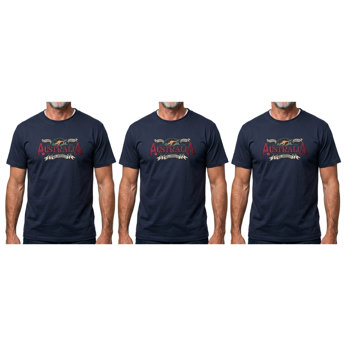 3x Adult Australian Wilderness Souvenir T Shirt Pack - Navy Blue (100% Cotton Tee Top)
