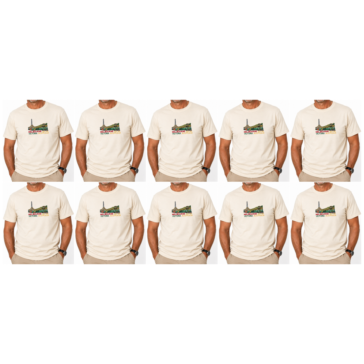 10x Adult Melbourne Victoria Australia T-Shirt Bulk Pack - Cream (100% Cotton Souvenir Gift Tee Top)
