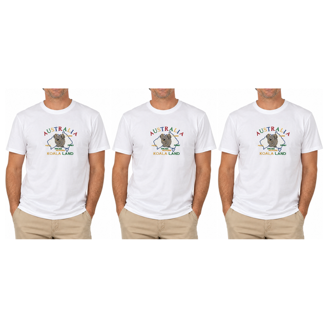 3x Adult Koala Land Australia Map T-Shirt Pack - White (100% Cotton Souvenir Gift Tee Top)