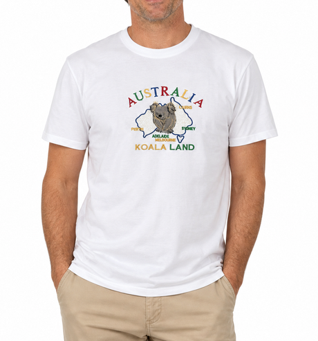 Adult Koala Land Australia Map T-Shirt - White (100% Cotton Souvenir Gift Tee Top)