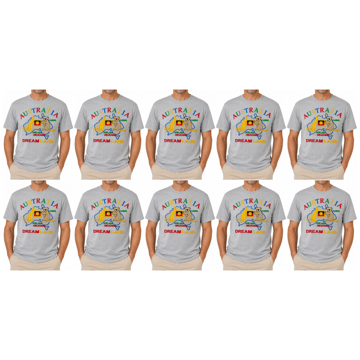 10x Adult Australia Kangaroo/Koala "Dream Land" T-Shirt Bulk Pack - Grey (100% Cotton Souvenir Tee Top)