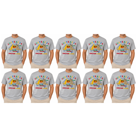 10x Adult Australia Kangaroo/Koala "Dream Land" T-Shirt Bulk Pack - Grey (100% Cotton Souvenir Tee Top)