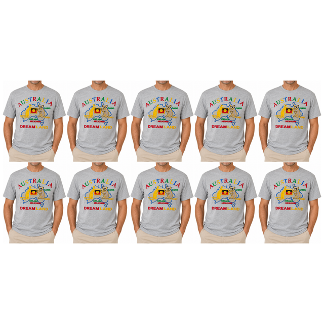 10x Adult Australia Kangaroo/Koala "Dream Land" T-Shirt Bulk Pack - Grey (100% Cotton Souvenir Tee Top)