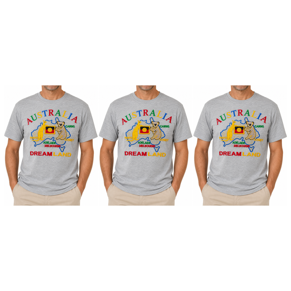 3x Adult Australia Kangaroo/Koala "Dream Land" T-Shirt Pack - Grey (100% Cotton Souvenir Tee Top)