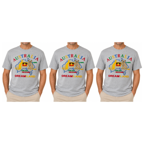 3x Adult Australia Kangaroo/Koala "Dream Land" T-Shirt Pack - Grey (100% Cotton Souvenir Tee Top)