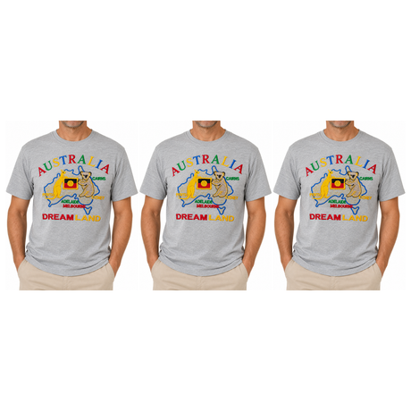 3x Adult Australia Kangaroo/Koala "Dream Land" T-Shirt Pack - Grey (100% Cotton Souvenir Tee Top)