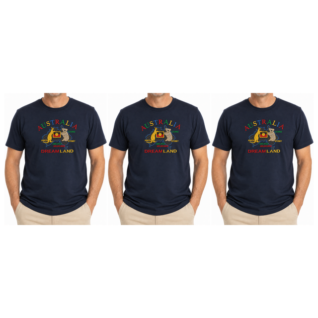 3x Adult Australia Kangaroo/Koala "Dream Land" T-Shirt Pack - Navy (100% Cotton Souvenir Tee Top)