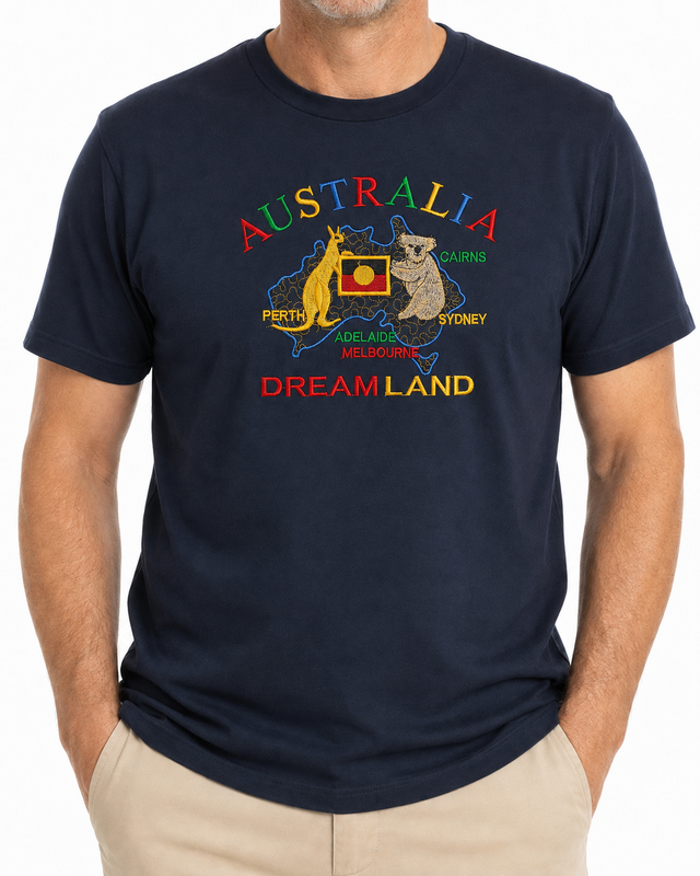 Adult Australia Kangaroo/Koala "Dream Land" T Shirt 100% Cotton Souvenir Tee Top in Navy