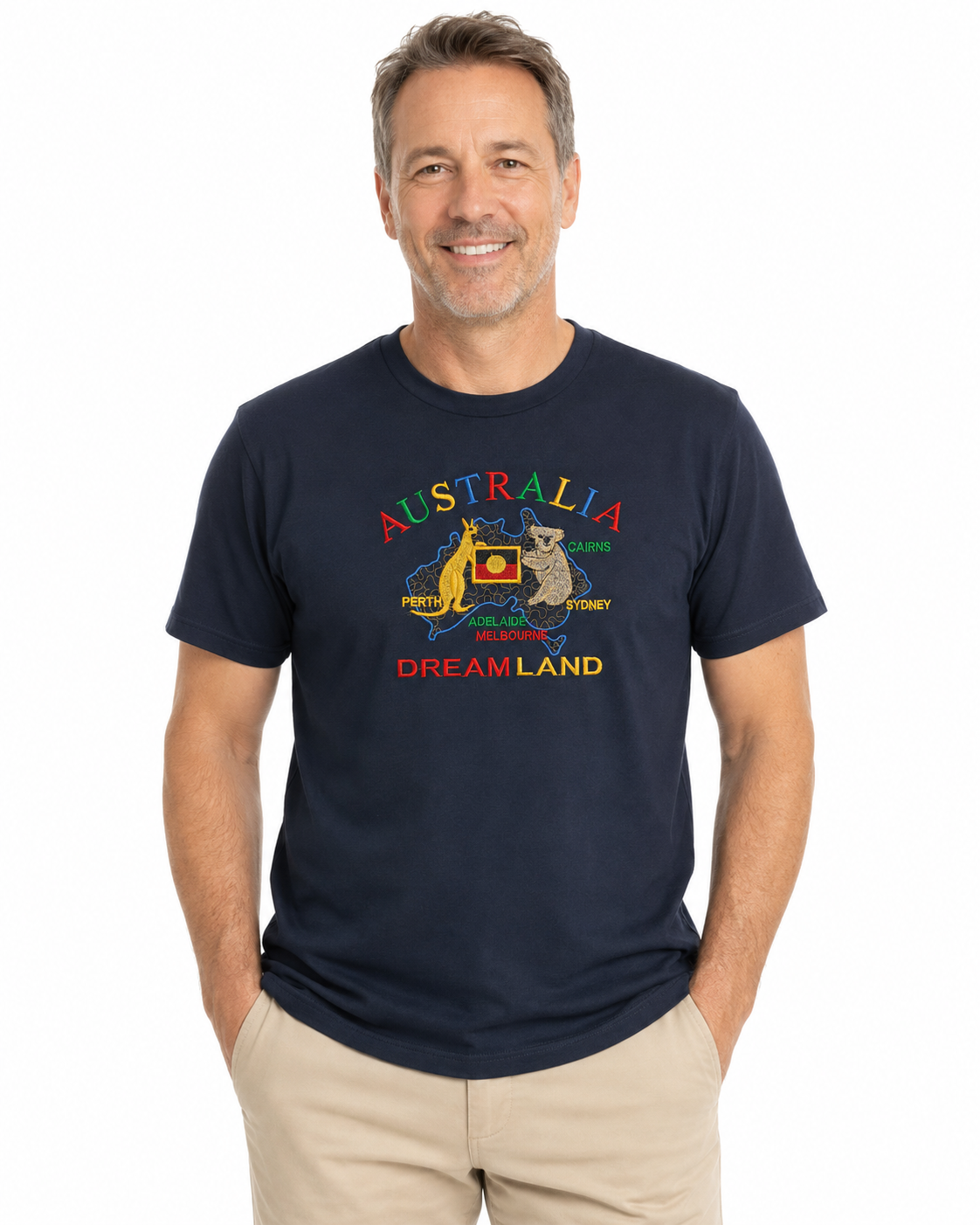 Adult Australia Kangaroo/Koala "Dream Land" T Shirt 100% Cotton Souvenir Tee Top in Navy