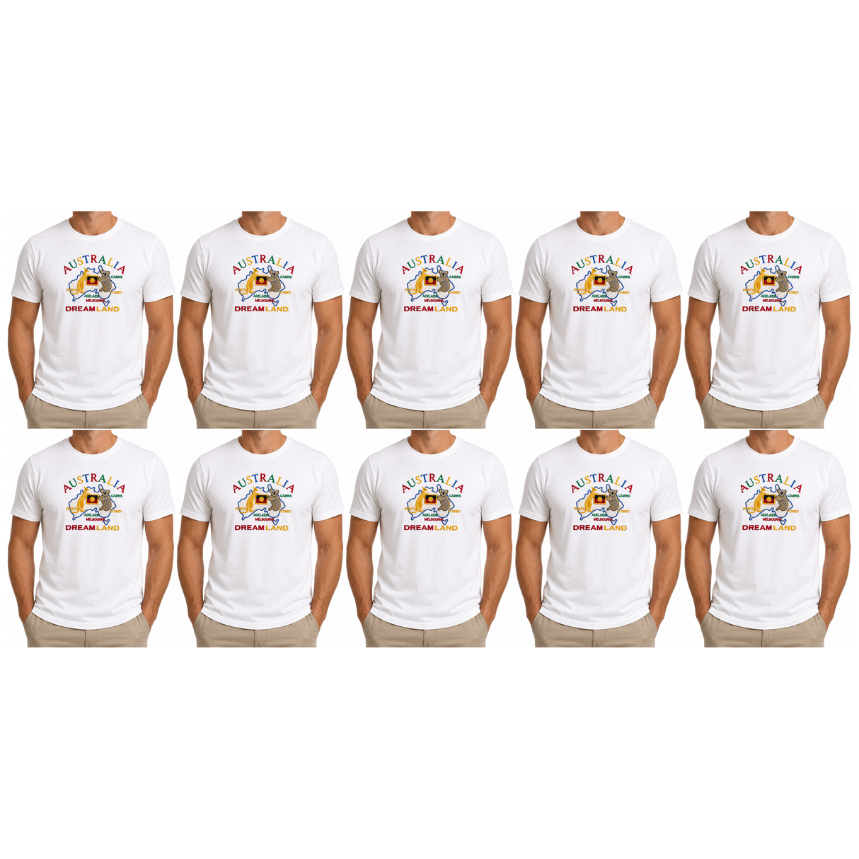 10x Adult Australia Kangaroo/Koala "Dream Land" T-Shirt Bulk Pack - White (100% Cotton Souvenir Tee Top)