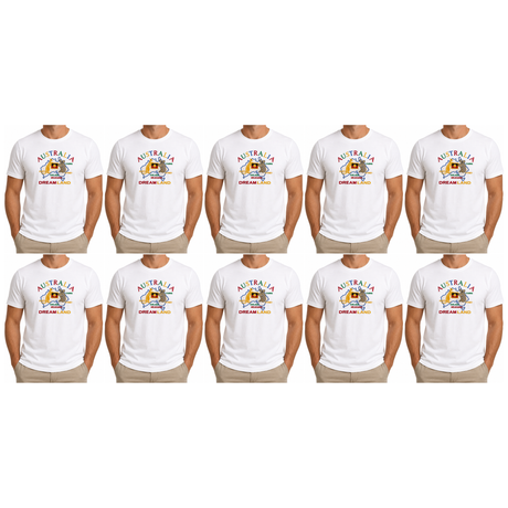 10x Adult Australia Kangaroo/Koala "Dream Land" T-Shirt Bulk Pack - White (100% Cotton Souvenir Tee Top)