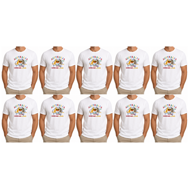 10x Adult Australia Kangaroo/Koala "Dream Land" T-Shirt Bulk Pack - White (100% Cotton Souvenir Tee Top)