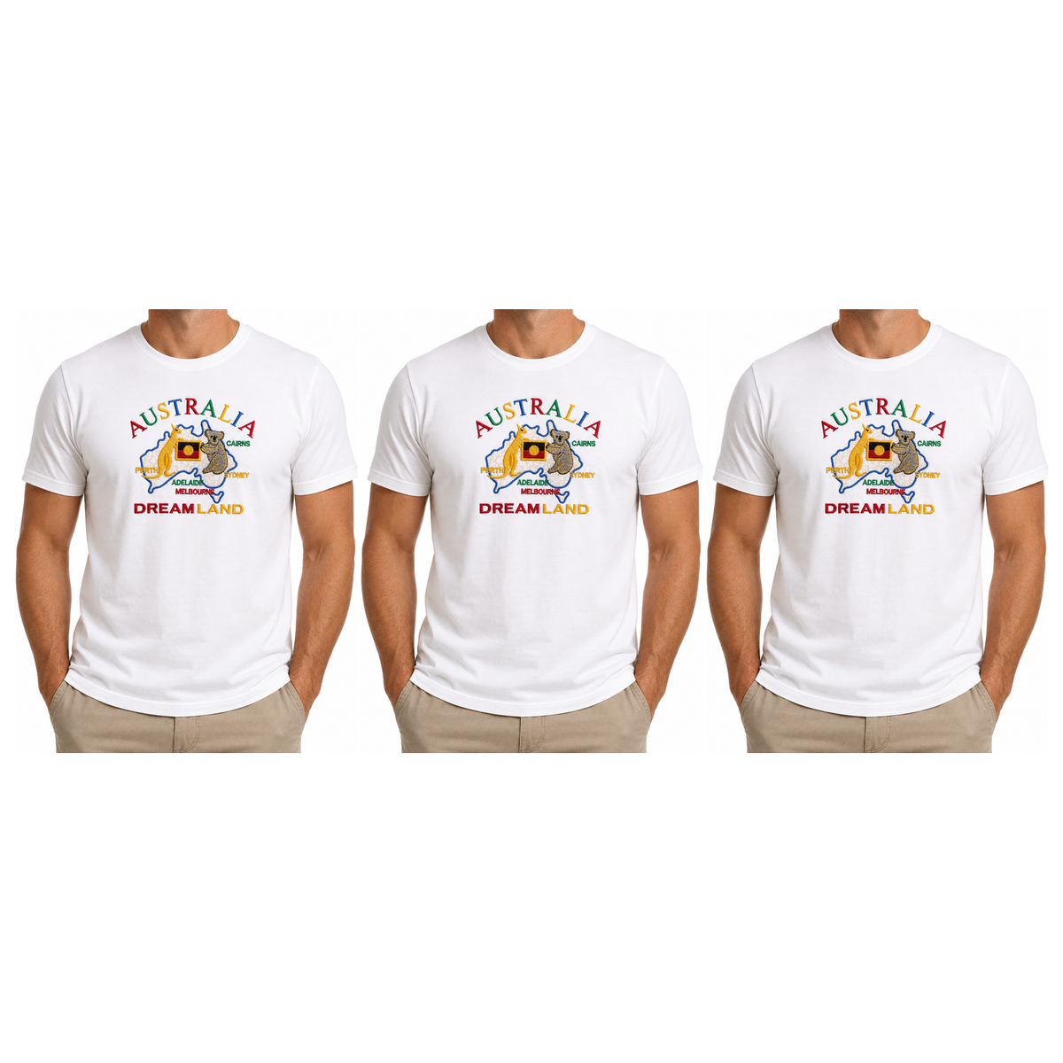 3x Adult Australia Kangaroo/Koala "Dream Land" T-Shirt Pack - White (100% Cotton Souvenir Tee Top)