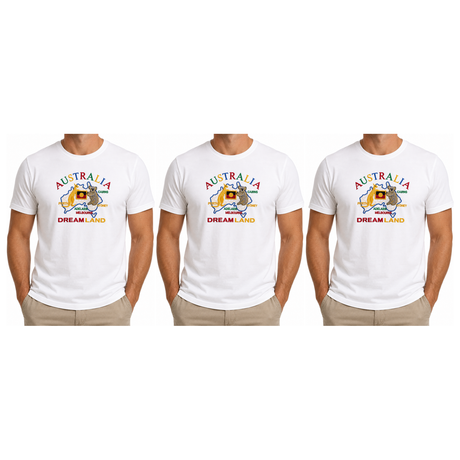 3x Adult Australia Kangaroo/Koala "Dream Land" T-Shirt Pack - White (100% Cotton Souvenir Tee Top)