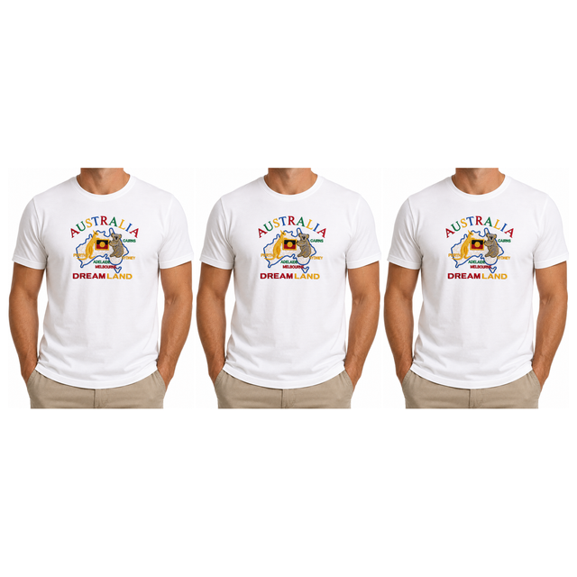 3x Adult Australia Kangaroo/Koala "Dream Land" T-Shirt Pack - White (100% Cotton Souvenir Tee Top)