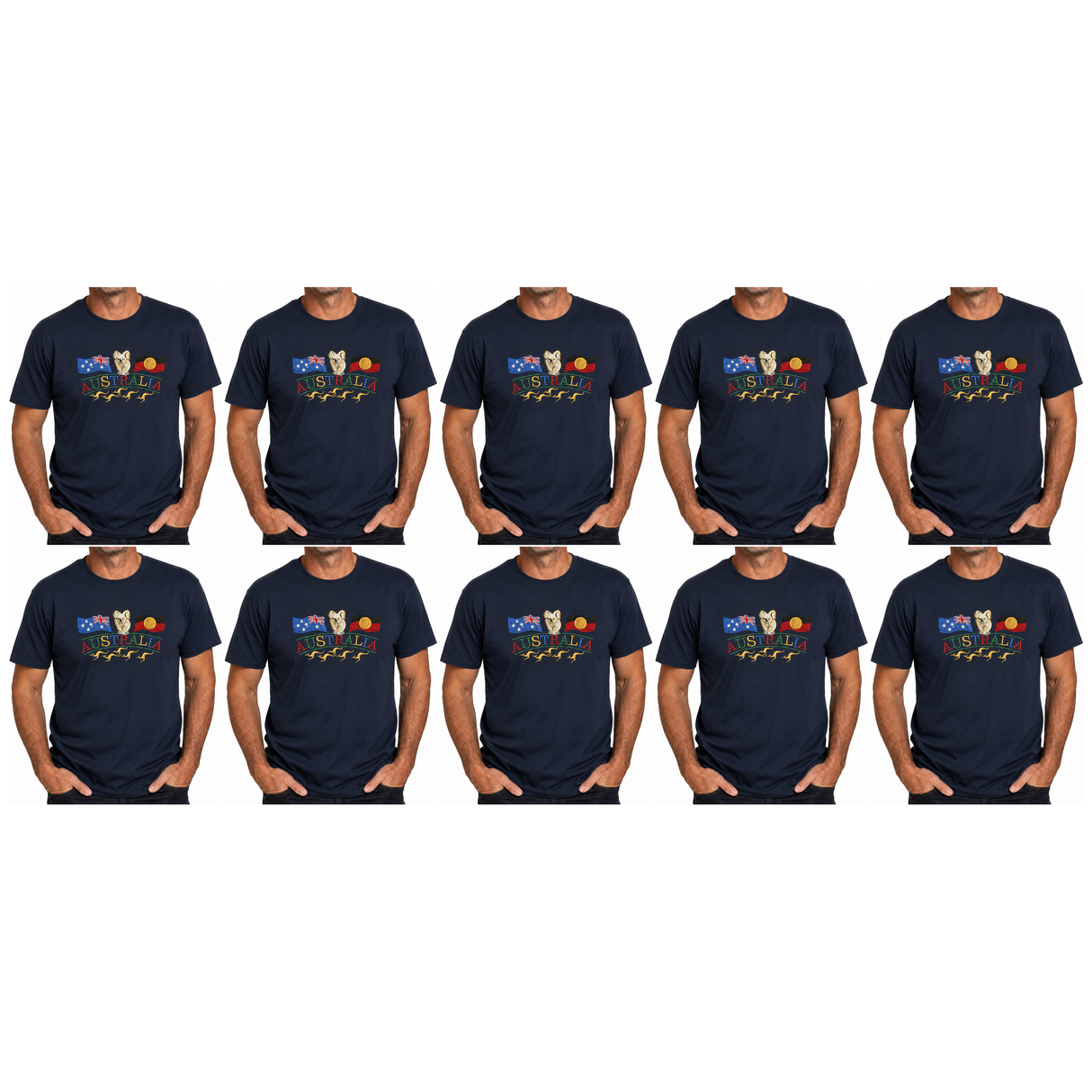 10x Adult Kangaroo, Koala & Australia Flags T-Shirt Bulk Pack - Navy Blue (100% Cotton Souvenir Gift Tee Top)